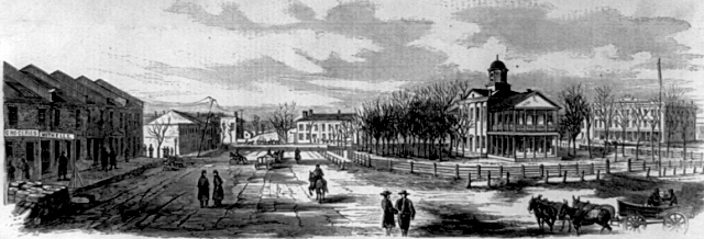 The Holly Springs, Mississippi town square in 1862. This sketch was made by A. Simplot of Harper’s Weekly shortly before Van Dorn’s raid.