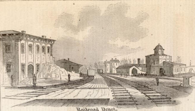 The Holly Springs, Mississippi Train Depot in 1862. This sketch was made by A. Simplot of Harper's Weekly shortly before Van Dorn's raid.