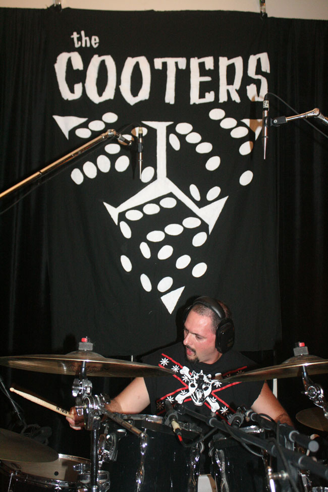 The Cooters drummer Mikey Namorato playing in Black Wings Studio near Water Valley, Mississippi for the MPB television show, "Oxford Sounds". Photograph by Newt Rayburn.