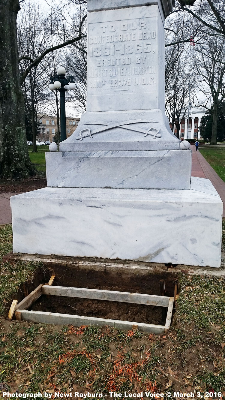 The University of Mississippi is installing a "context plaque" at the base of Ole Miss' Confederate Memorial Statue on The Circle. Photograph by Newt Rayburn - The Local Voice © March 3, 2016.