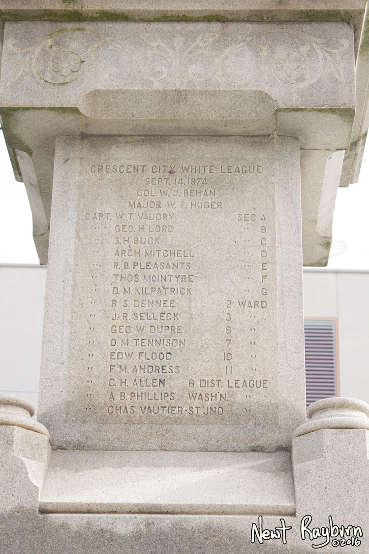 The Battle of Liberty Place monument in New Orleans, Louisiana, January 2, 2016. Photograph © 2016 Newt Rayburn - newtrayburn@gmail.com. Inscription reads "CRESCENT CITY WHITE LEAGUE SEPT 14, 1874 (eighteen names of individuals are included).