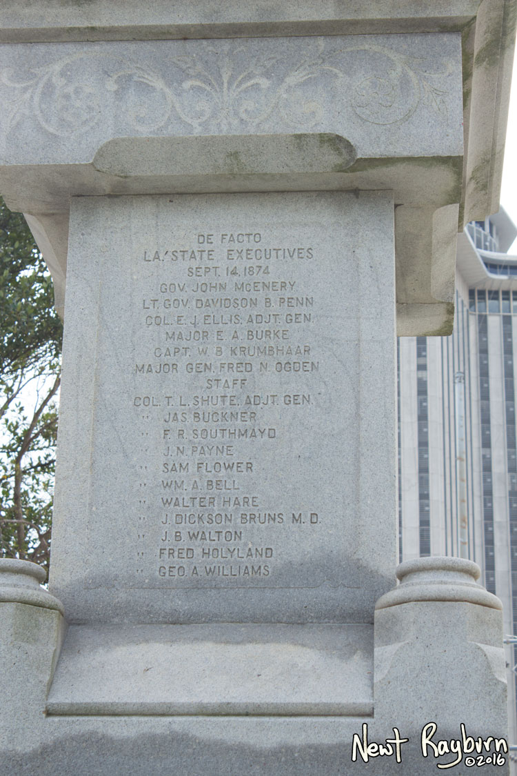The Battle of Liberty Place monument in New Orleans, Louisiana, January 2, 2016. Photograph © 2016 Newt Rayburn - newtrayburn@gmail.com. Inscription reads "DE FACTO LA STATE EXECUTIVES SEPT 14, 1874 (seventeen names of individuals are included).