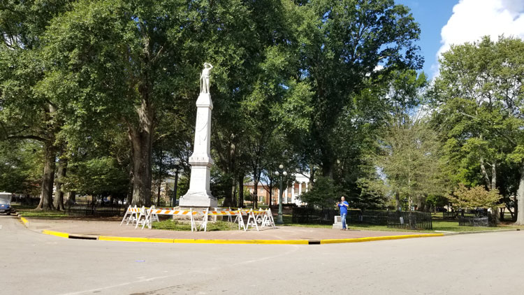 Damage to the Confederate Statue at Ole Miss, hit by a truck on Septgember 16, 2017. Photograph by Newt Rayburn - The Local Voice.