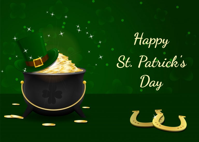 Happy Saint Patrick's Day wishes with pot of gold, leprechaun green hat and golden horseshoes. Background for St. Patrick's Day. Vector illustration.